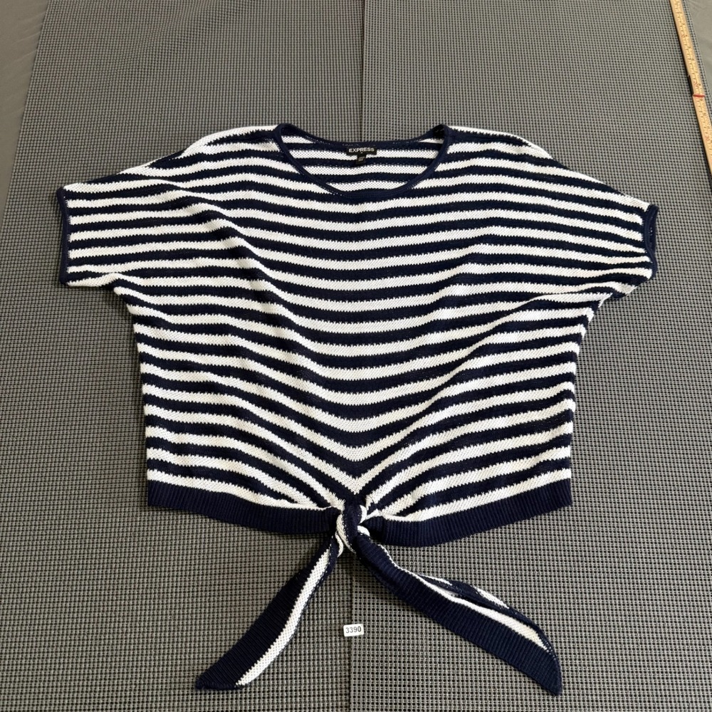 Express Womens XS/S Navy Blue White Striped Tie Front Short Sleeve Knit Sweater
